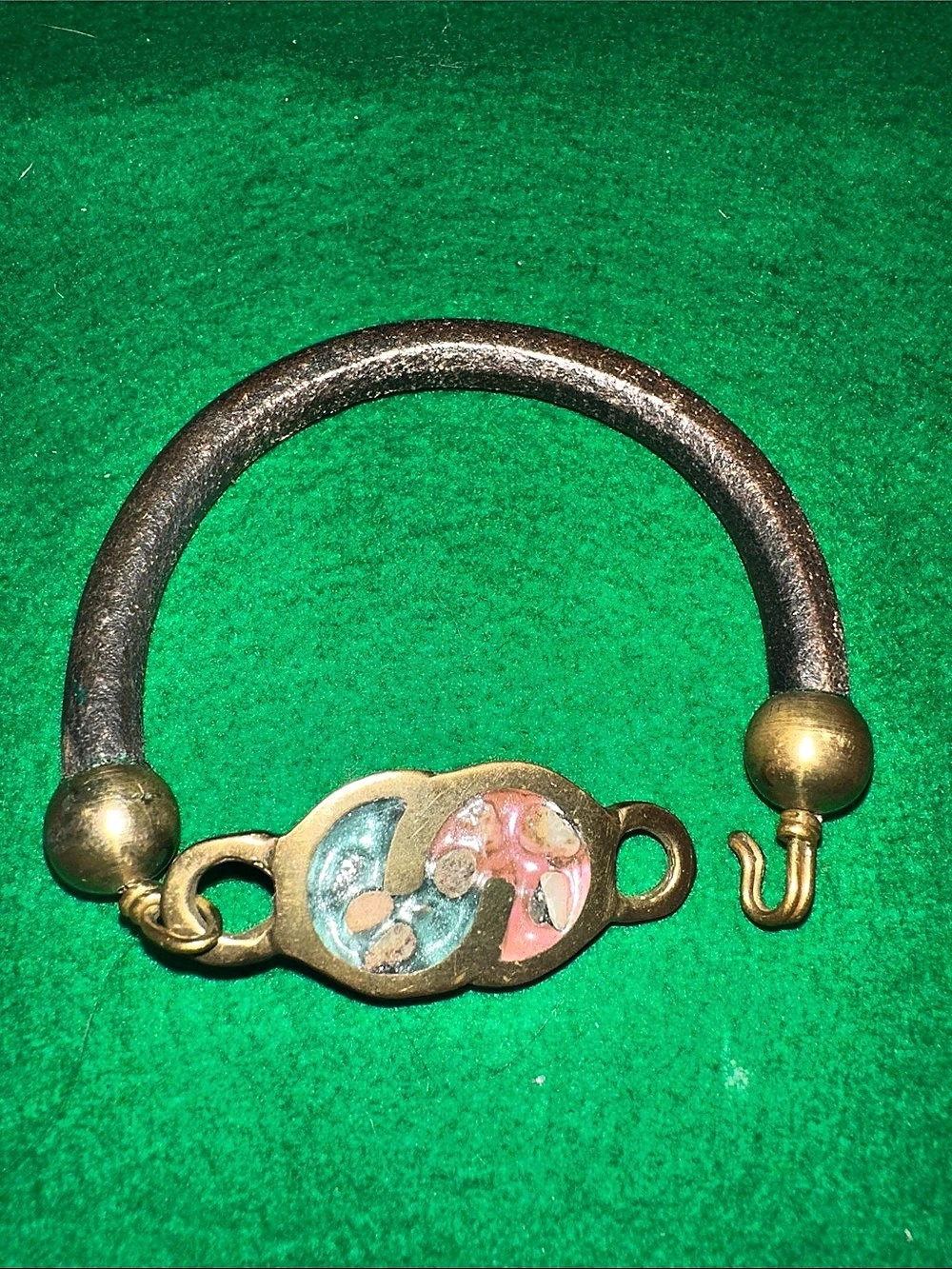 Vintage Leather & Brass Mother of Pearl Bracelet Estate Jewelry